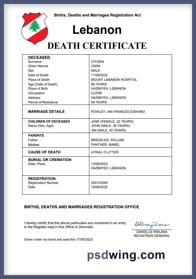 Lebanon Death Certificate (Word & PDF)